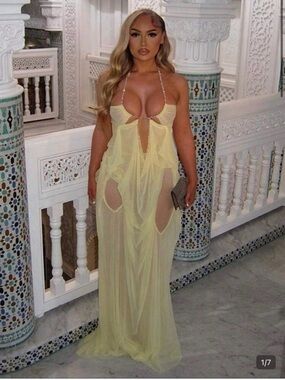 Sheer Net Yellow Halter Maxi Dress